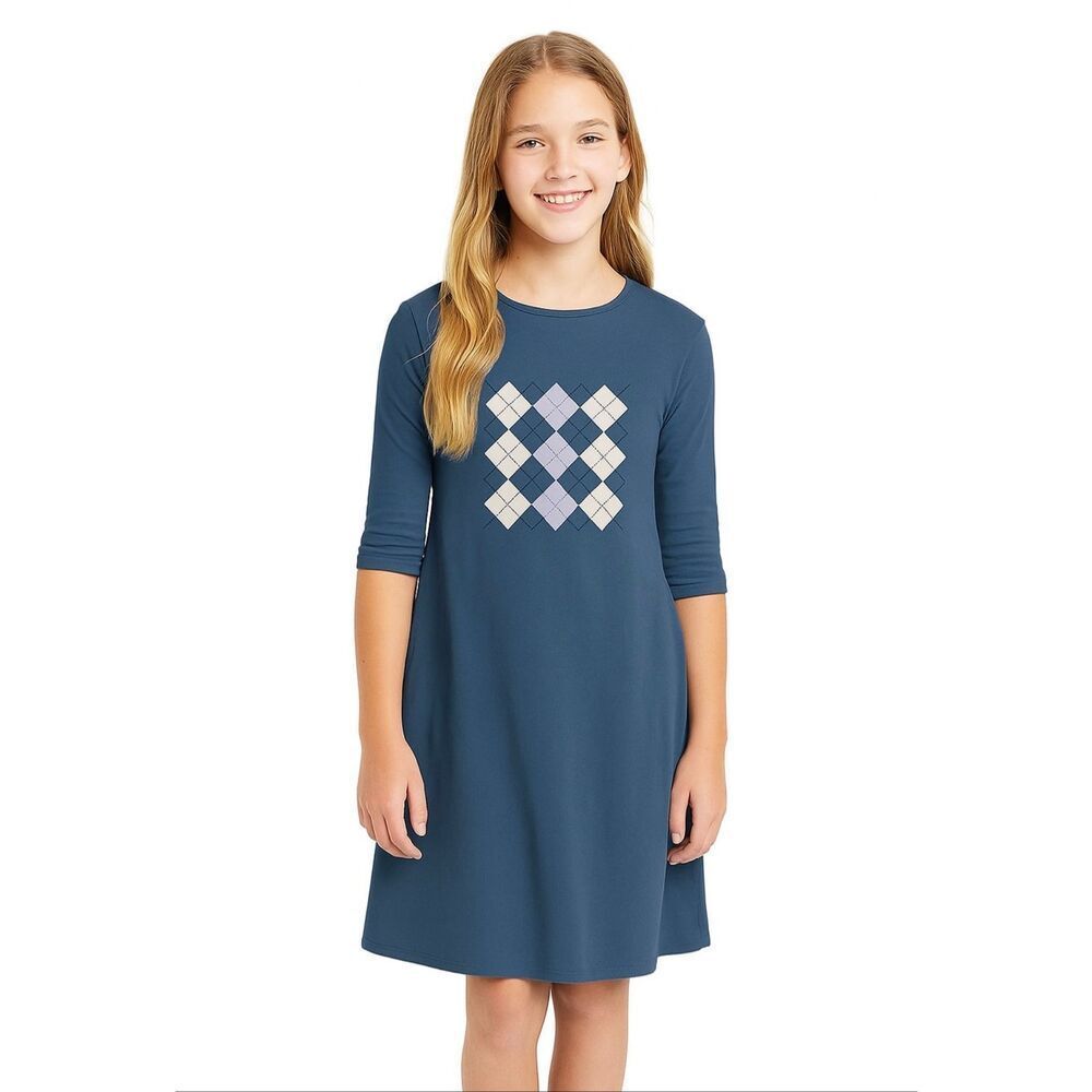 Girls Tottini 1/2 Sleeve Blue Argyle Dress Size 12
